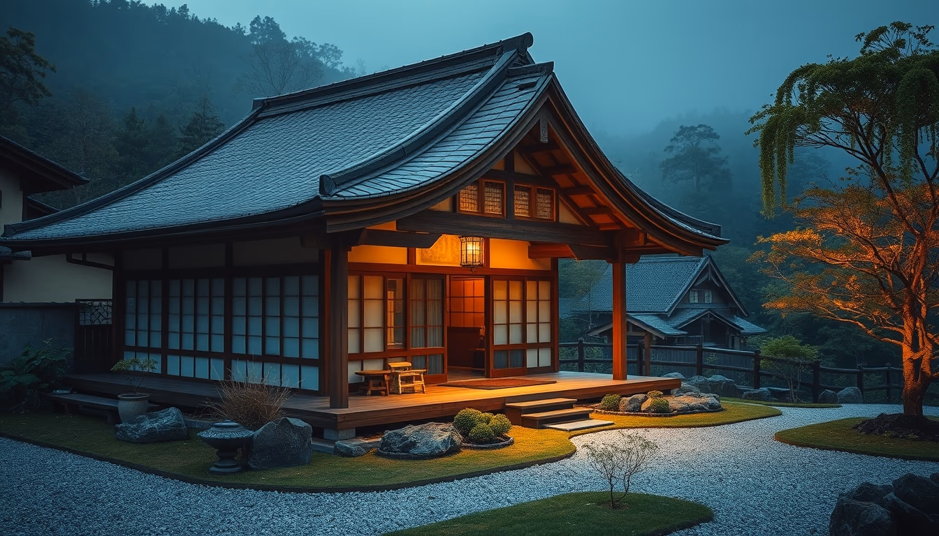 zen tea house rural japan in editorial style
