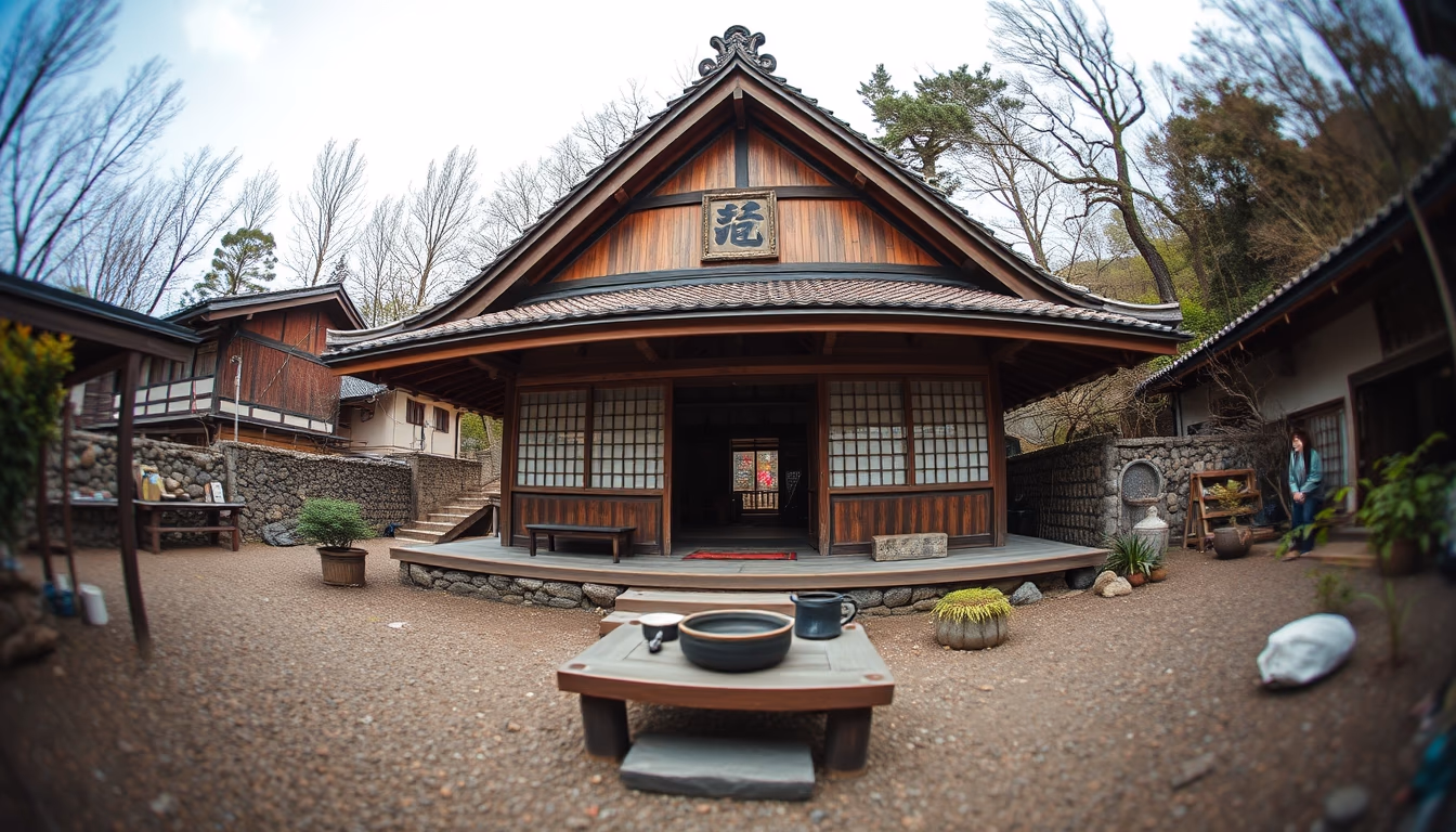 zen tea house rural japan in editorial style