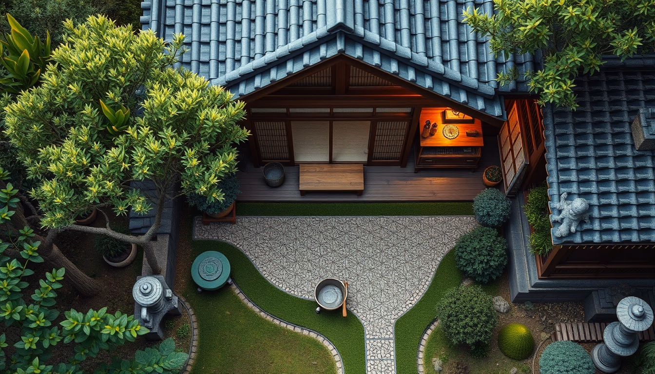 zen tea house rural japan in editorial style