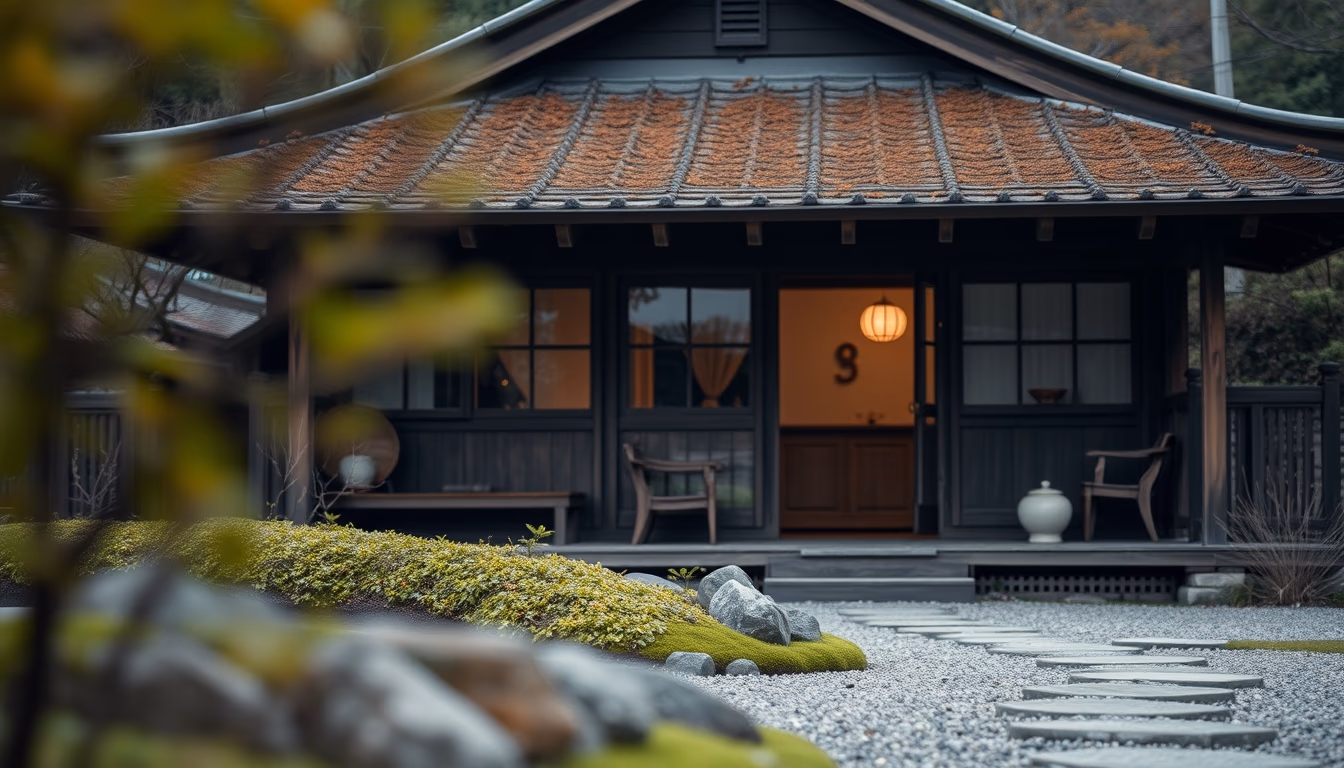 zen tea house rural japan in editorial style