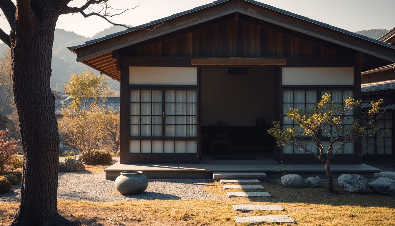 zen tea house rural japan in editorial style