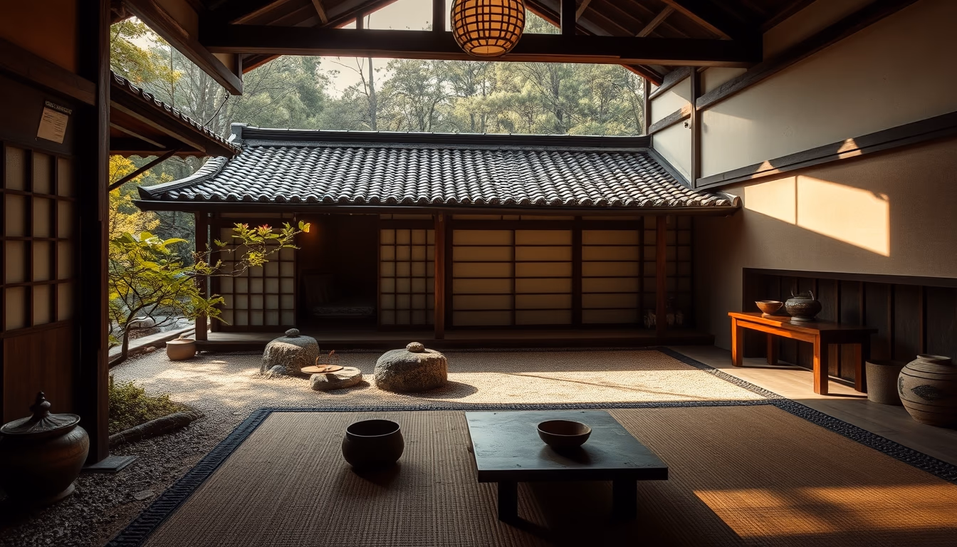 zen tea house rural japan in editorial style