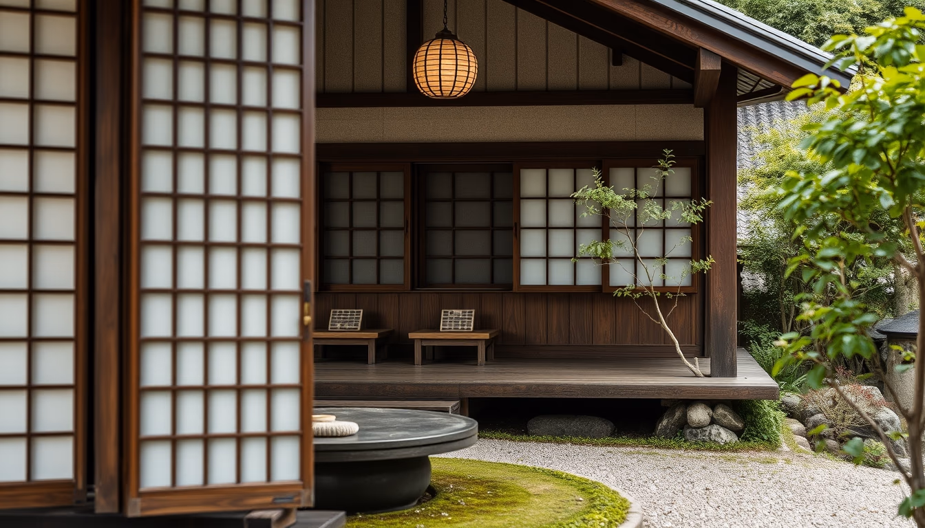 zen tea house rural japan in editorial style