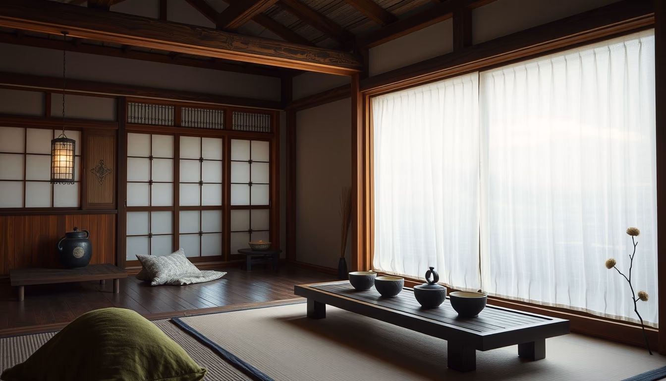 zen tea house rural japan in editorial style